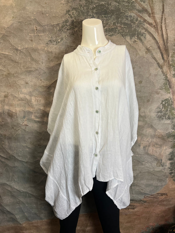 31163 Linen Mandarin Collar Top-White