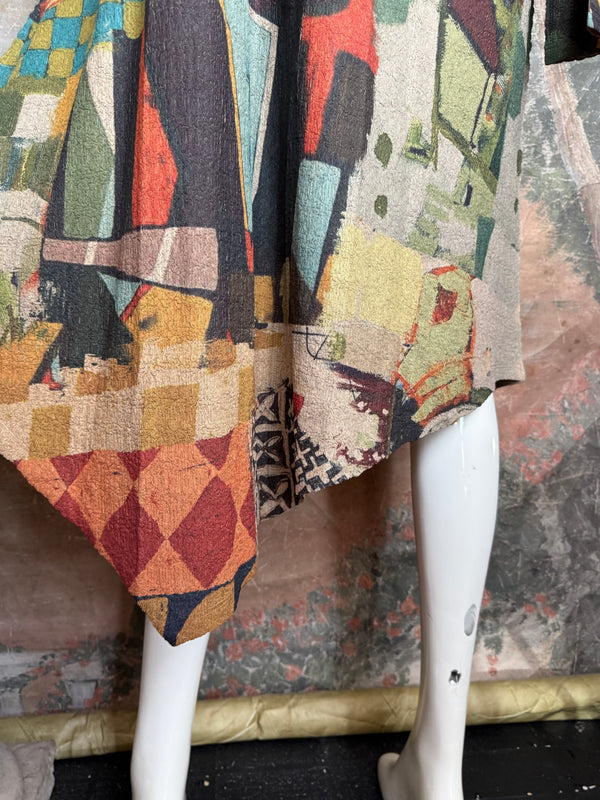 D541 waffle knit cowlneck dress featuring vibrant abstract fruit and geometric mixed print, draped on mannequin - 31