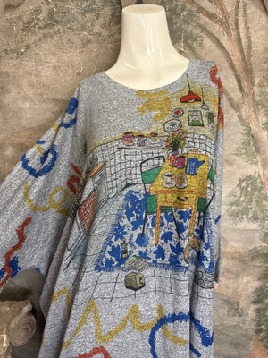 Gray oversized crew pullover sweater with colorful Nona's Kitchen interior scene print and abstract brushstroke details - 2