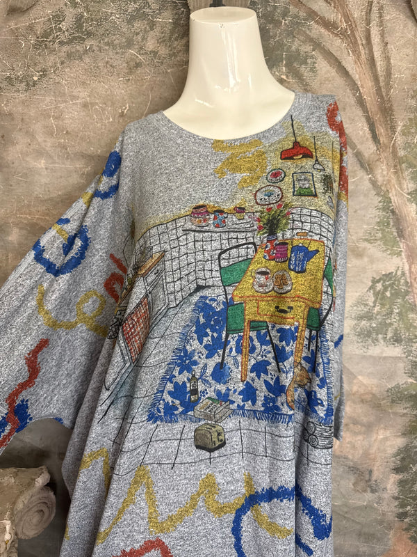 Gray oversized crew pullover sweater with colorful Nona's Kitchen interior scene print and abstract brushstroke details - 2