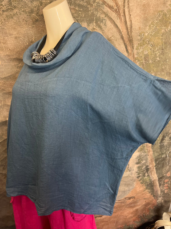 6250 Linen Cowl Neck Boxy Top-Denim