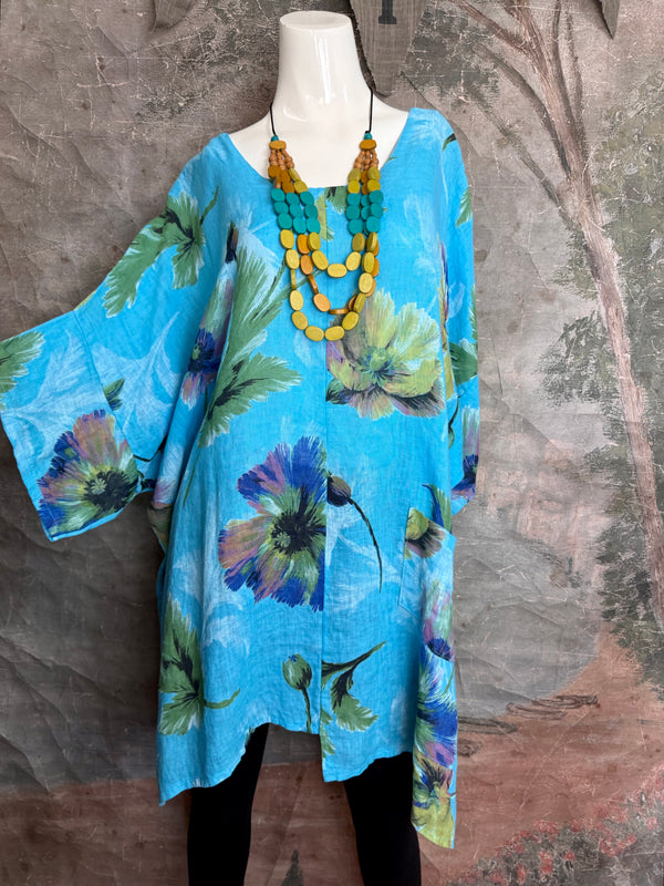 91225 Flower Garden Linen Top-Turq