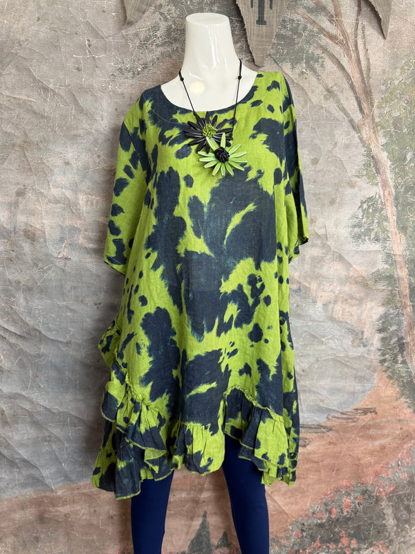 91307T-62 Ruffle Tie-Dye Tunic-Kiwi