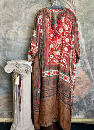 DYM287 Bohemian floral block print poet maxi dress in rust red and brown with chain necklace accent - 11