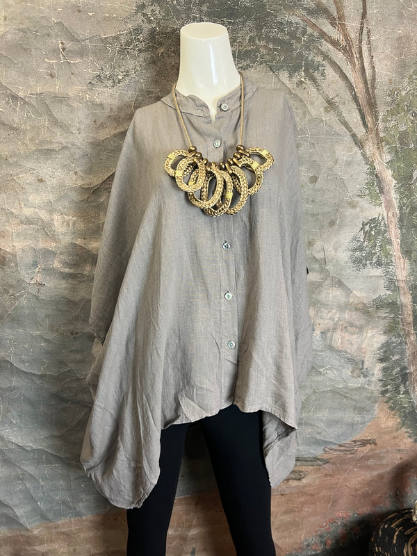 31163 Linen Mandarin Collar Top-Taupe