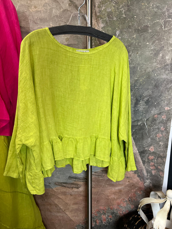 31172 Linen Ruffle Hem Crop Top-Moss Green