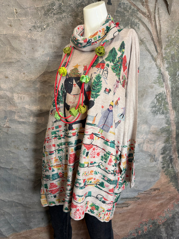 T1097 Cowlneck Dolman Slv Top-Howliday Greetings