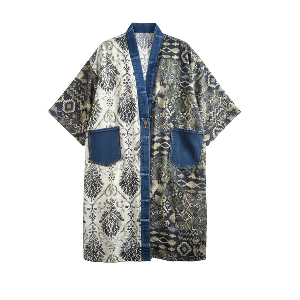 Boho patchwork denim cardigan with floral and aztec prints, large patch pockets, open front, styled with green necklace - 15