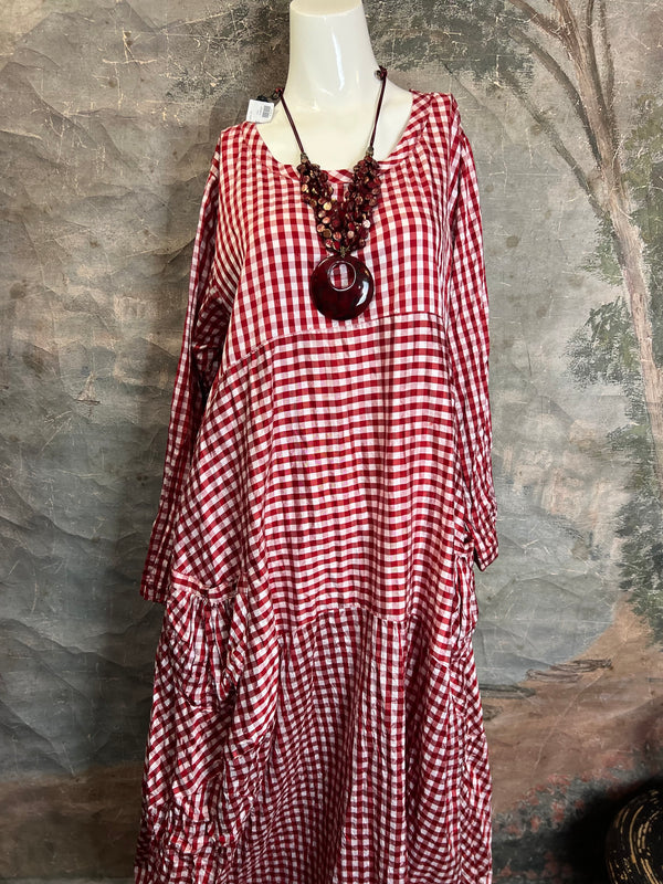 5210 Checked 3 Tier Silk Dress-Red/Check