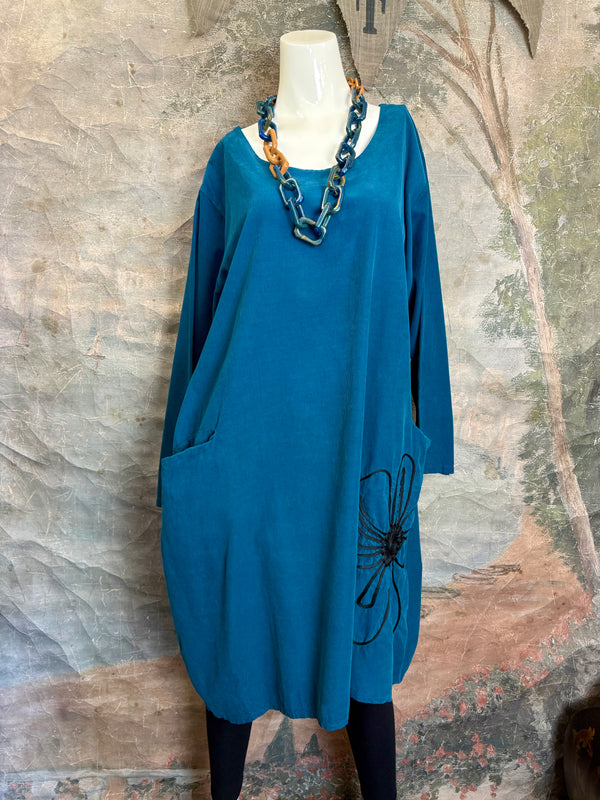 90847 Corduroy Sunflower Dress-Teal