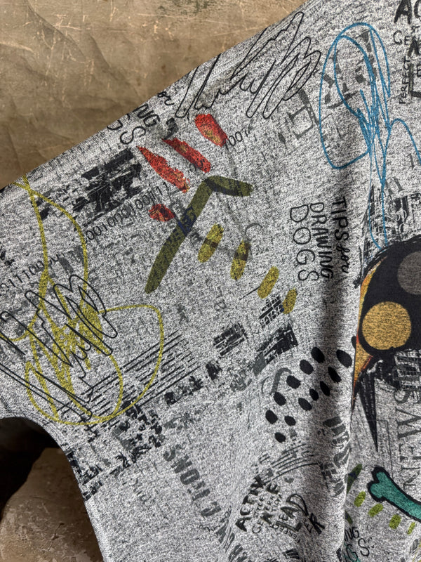 Oversized gray crew pullover with colorful graffiti-style dog graphic print, long sleeves, one size fits all - 9