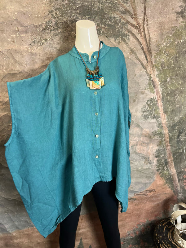 31163 Linen Mandarin Collar Top-Seablue