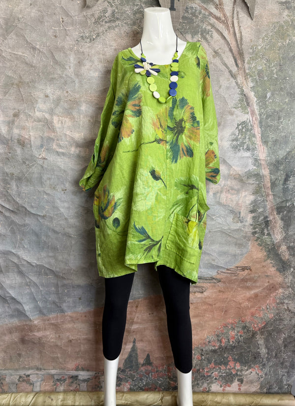 91225 Flower Garden Linen Top-Kiwi