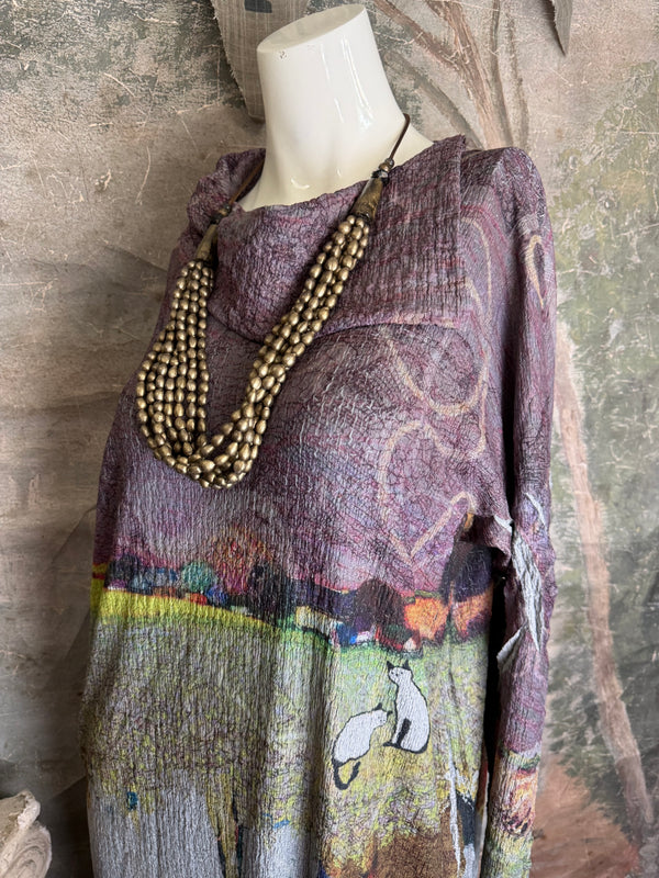 D540 Waffle Knit Cowlneck Dress in colorful abstract cat print with long sleeves and midi length - 9