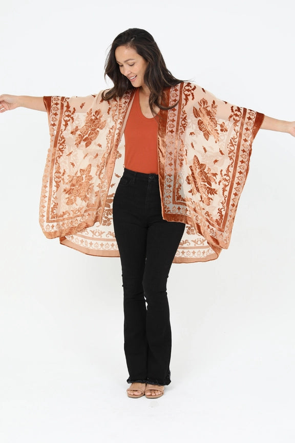 N2CH6ASIS Burnout Velvet Kimono-Brown