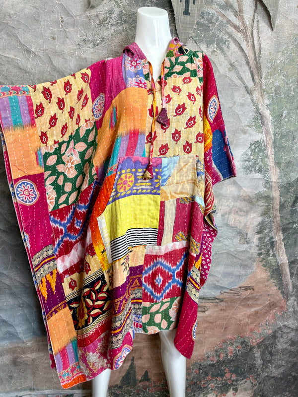 1012w Kantha Poncho Hoodie Dress-2