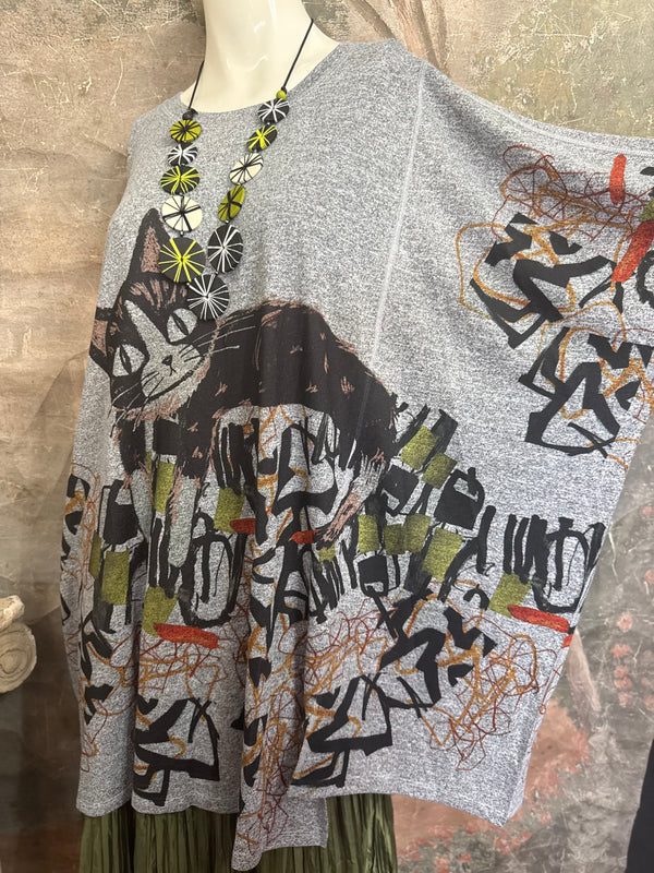 Oversized gray cat print crew pullover tunic with abstract art design on mannequin, styled with olive skirt and neon nec - 11