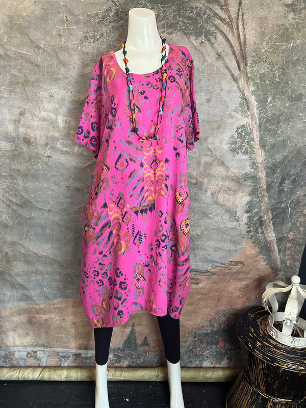 90847 Print Linen Dress-Pink