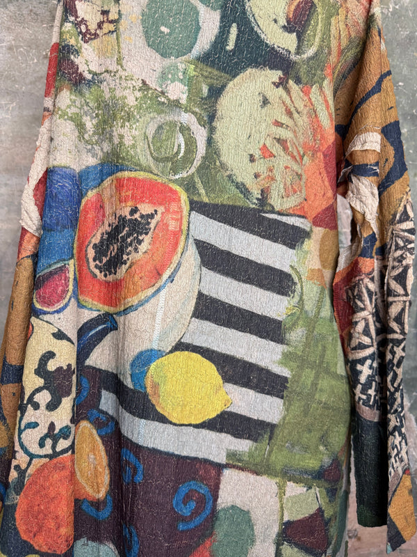 D541 waffle knit cowlneck dress featuring vibrant abstract fruit and geometric mixed print, draped on mannequin - 19