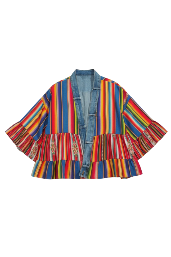 Woman wearing Stella Cardigan 5860 with rainbow serape stripes, denim trim, ruffle hem, and bell sleeves over white tee - 4