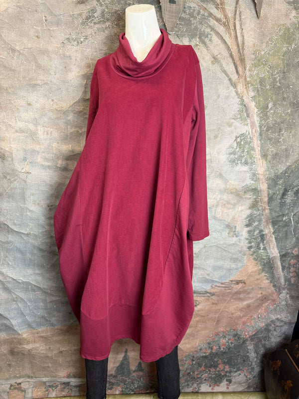 6512AU Cowlneck Bubble Dress-Wine