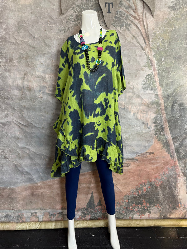 91307T-62 Ruffle Tie-Dye Tunic-Kiwi