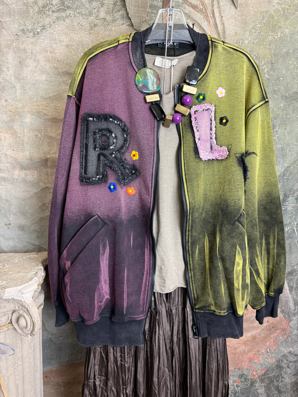 Sequin R&L patch bomber jacket in purple and yellow-green ombre with floral accents, styled with tiered maxi skirt - 8