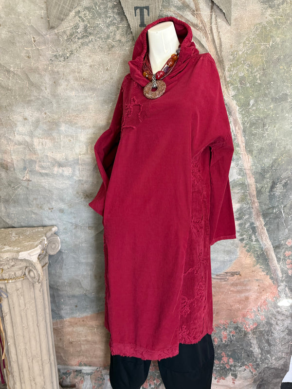 92178-62 Needlework Hoody Dress-Burgundy