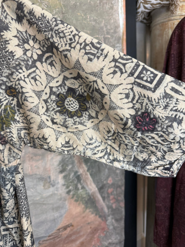 Grey combo floral batik print maxi dress with colorful beaded necklace displayed on hanger, boho boutique style DYM62523 - 7