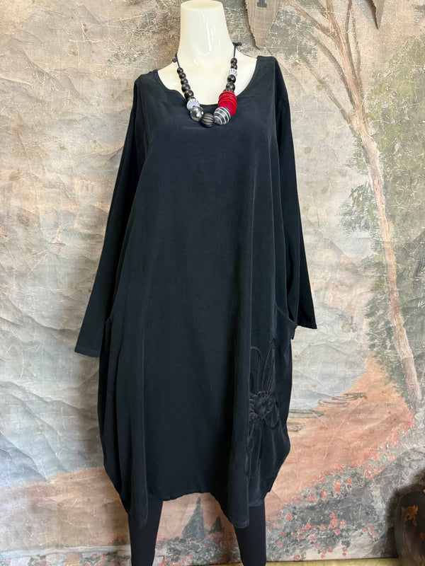 90847 Corduroy Sunflower Dress-Black