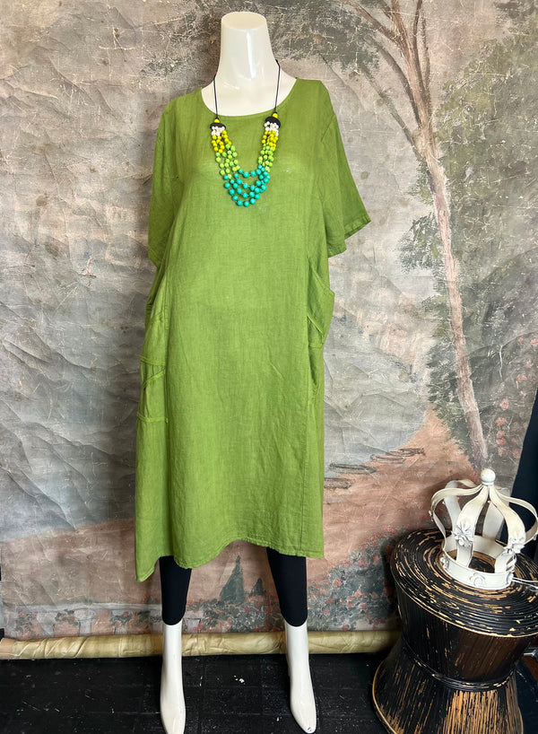 31173GN Linen Tape Accent Dress-Kiwi
