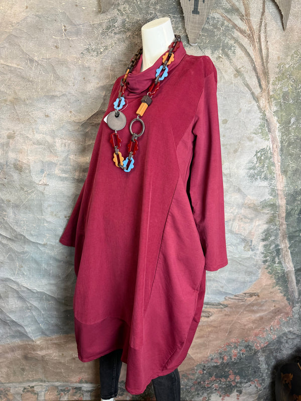 6512AU Cowlneck Bubble Dress-Wine