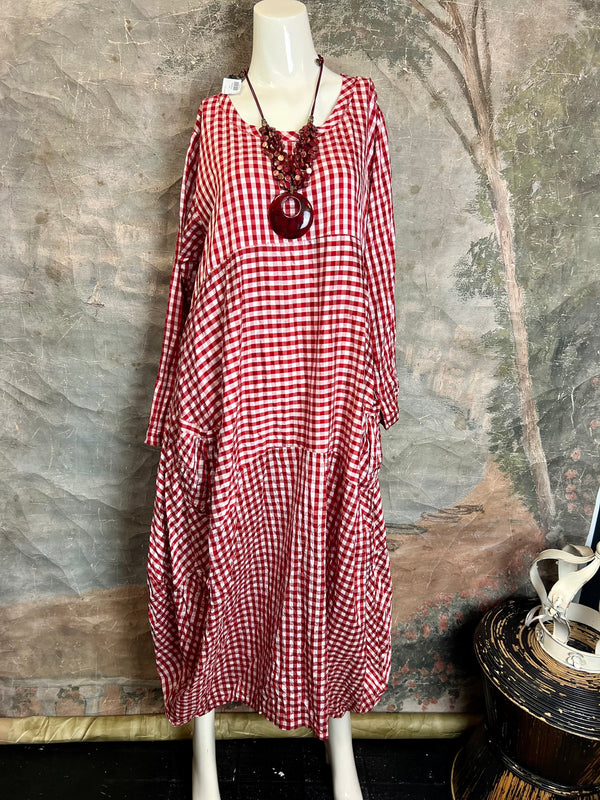 5210 Checked 3 Tier Silk Dress-Red/Check