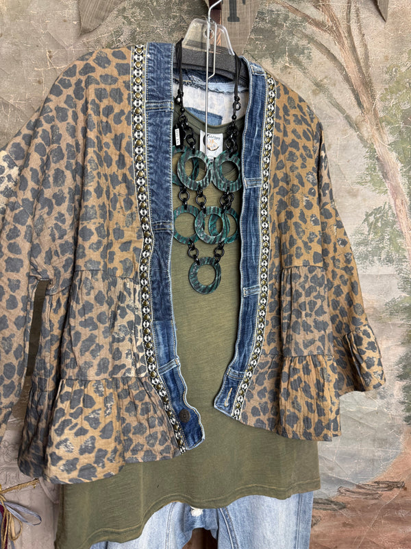 Leopard print Juno Cardigan with denim trim over olive tee and distressed jeans with turquoise ring necklace - 8