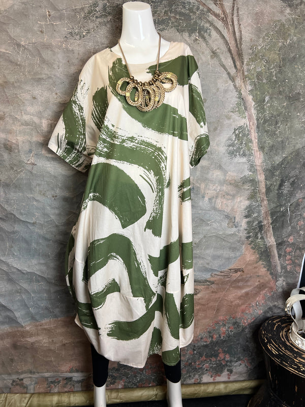 91907 ART Brush Stroke Dress-Olive
