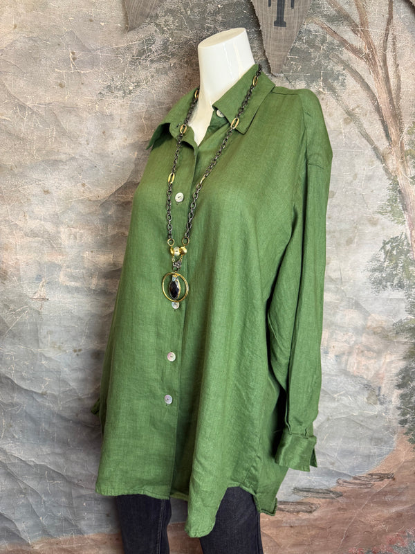 5021 Bettys Linen BF Bow Shirt-Dark Green