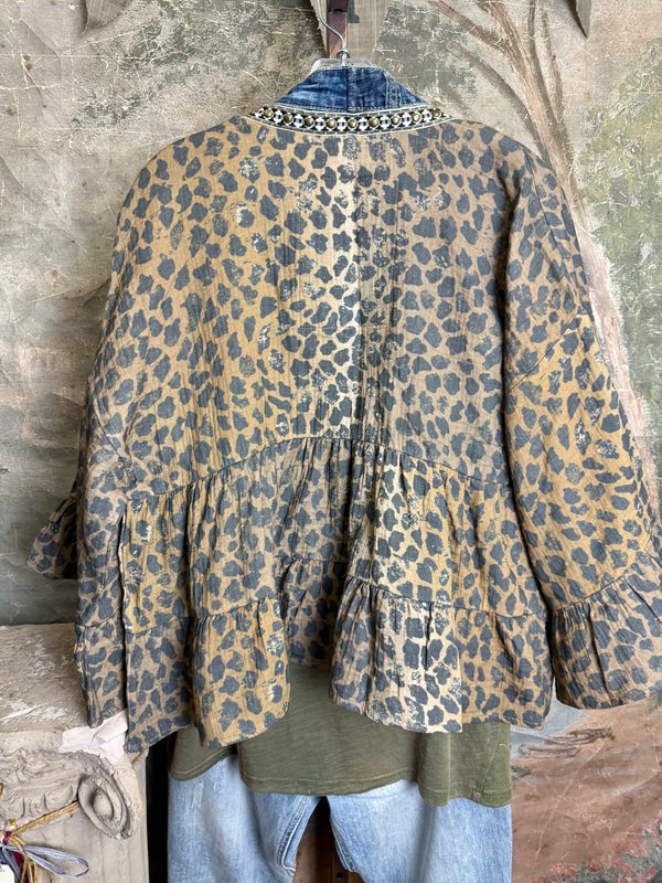 Leopard print Juno Cardigan with denim trim over olive tee and distressed jeans with turquoise ring necklace - 10