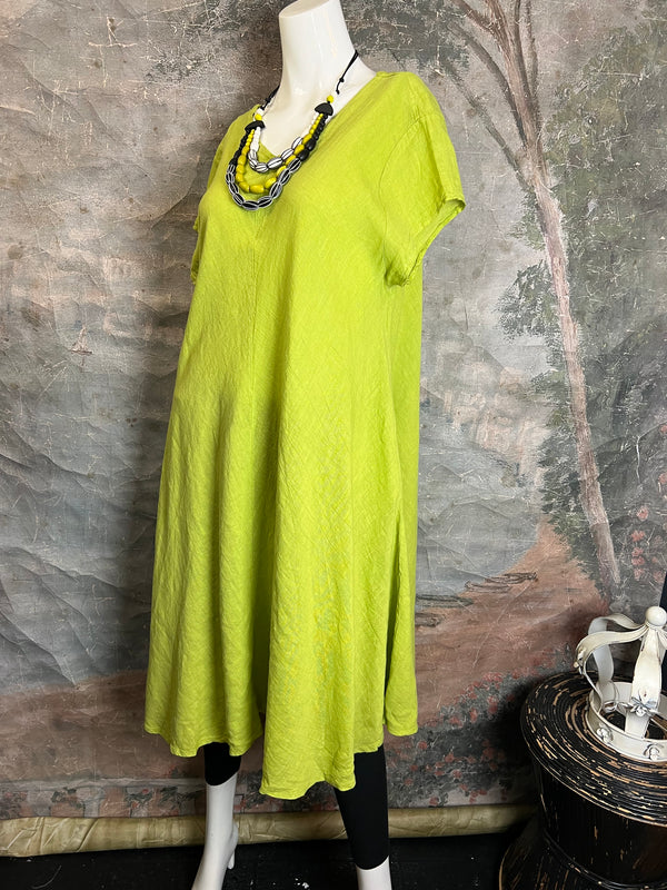 30638 Linen V-neck Flare Dress-Moss Green