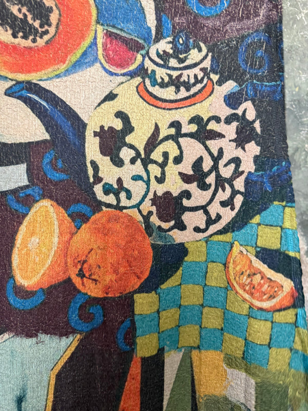 D541 waffle knit cowlneck dress featuring vibrant abstract fruit and geometric mixed print, draped on mannequin - 32