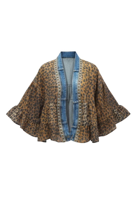 Leopard print Juno Cardigan with denim trim over olive tee and distressed jeans with turquoise ring necklace - 13