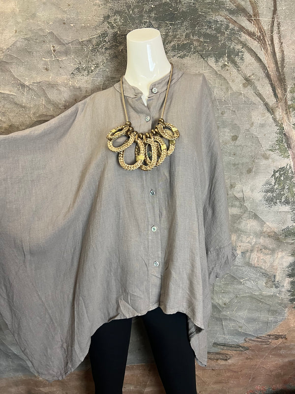 31163 Linen Mandarin Collar Top-Taupe