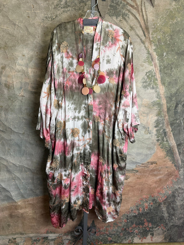 Tie-dye floral kimono duster in pink and olive with gold rose print, styled with colorful disc necklace - 9