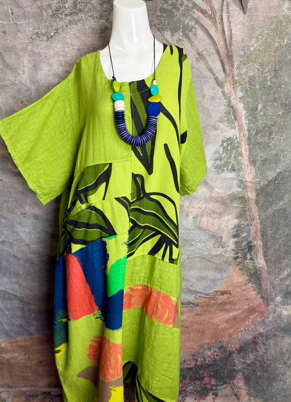 90617P-23 Linen Paint Dress-Kiwi