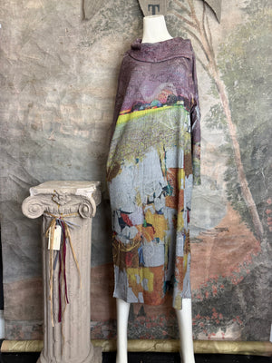 D540 Waffle Knit Cowlneck Dress in colorful abstract cat print with long sleeves and midi length - 18