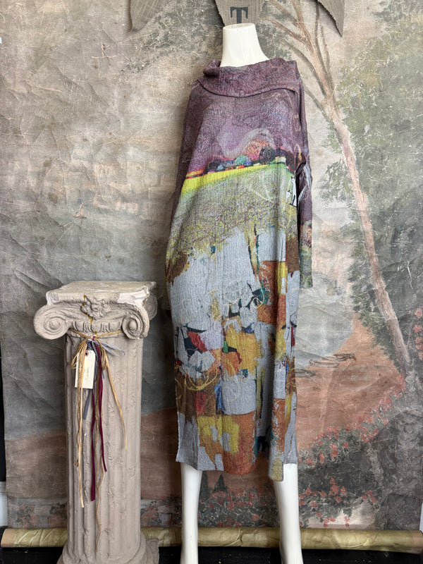 D540 Waffle Knit Cowlneck Dress in colorful abstract cat print with long sleeves and midi length - 18