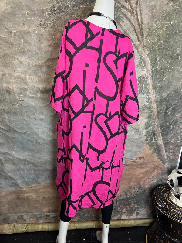 91470 S/Slv Tunic Letter Dress-Fuchsia Pink