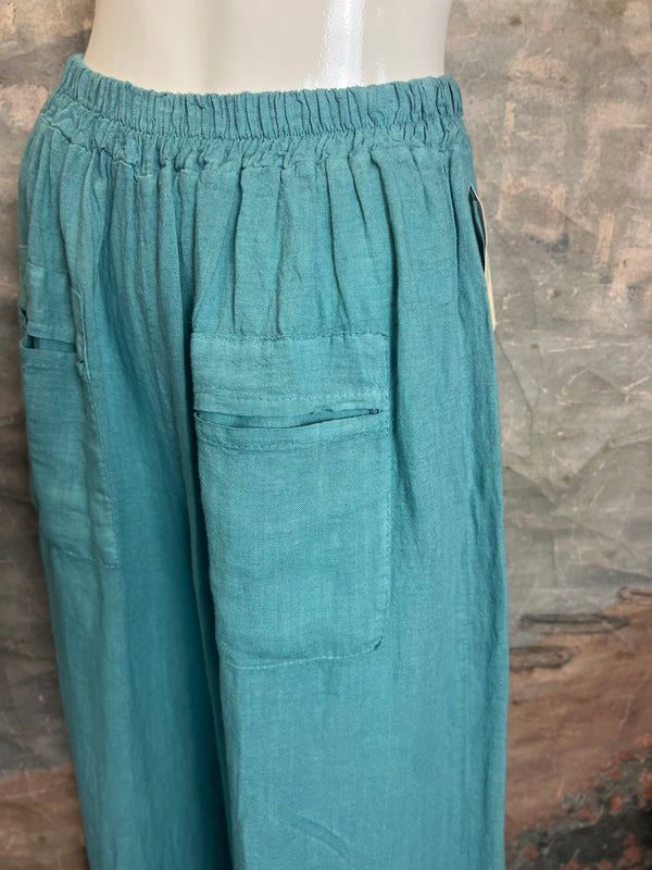 3248 Linen Button Detail Pants-Sea Blue