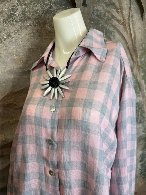 5021 Bettys Linen BF Bow Shirt-PINK/GREY BUFFALO PLAID