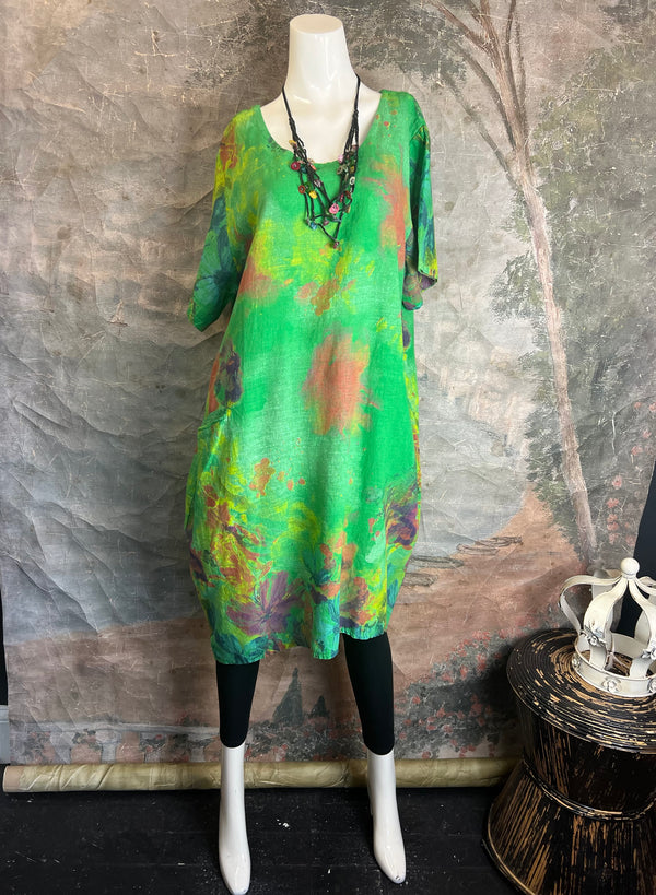 90847 Linen Paint Dress-Green