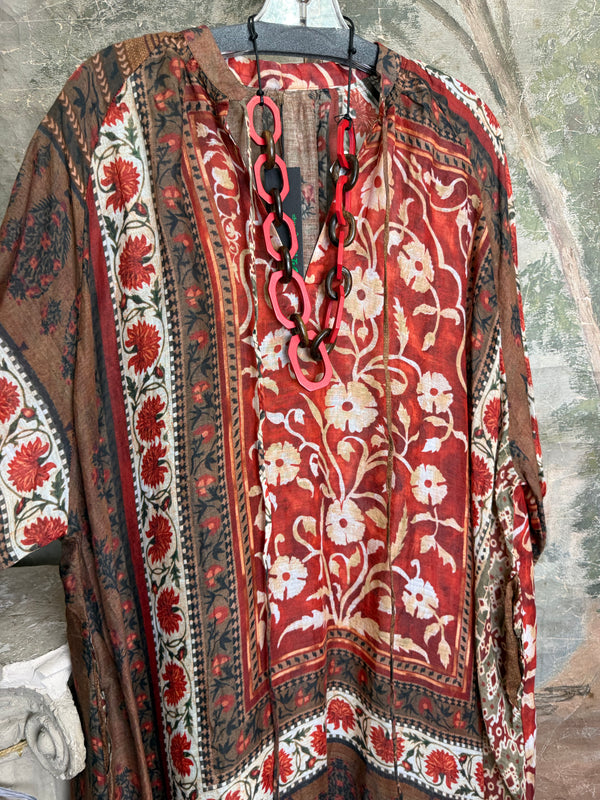 DYM287 Bohemian floral block print poet maxi dress in rust red and brown with chain necklace accent - 3